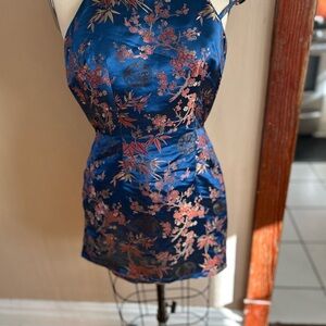 Zaful Blue and Red Floral Satin Dress
